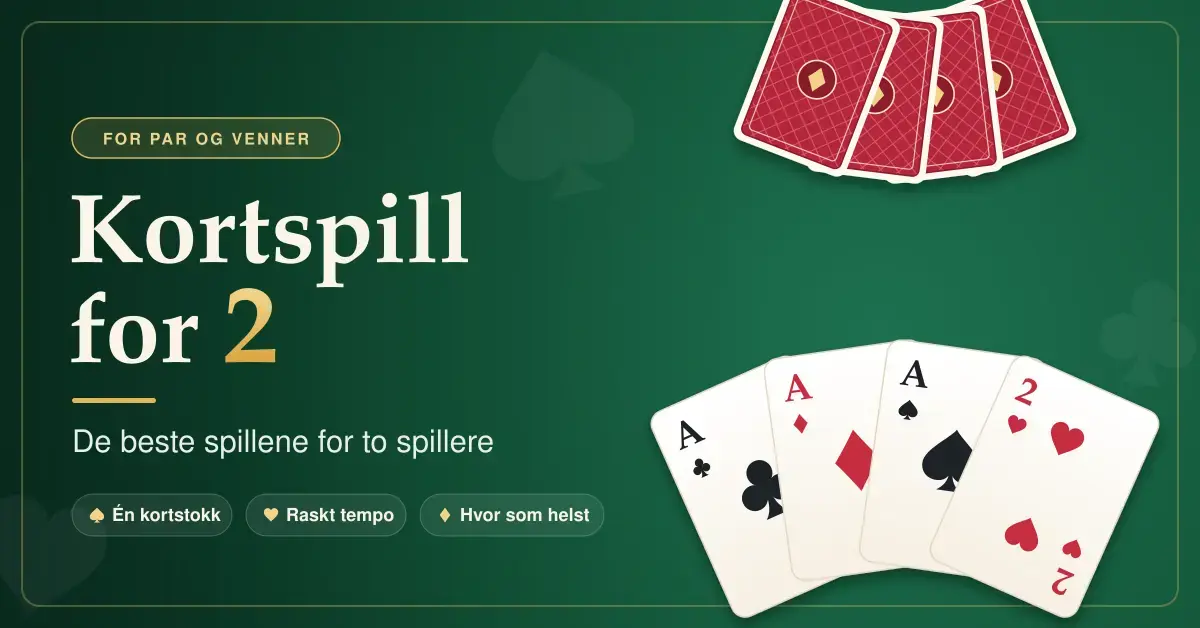 Illustrasjon av to korthender på et grønt spillbord, med motstanderens kortbaksider øverst og ess og hjerter to nederst, ved siden av teksten «Kortspill for 2 – De beste spillene for to spillere».