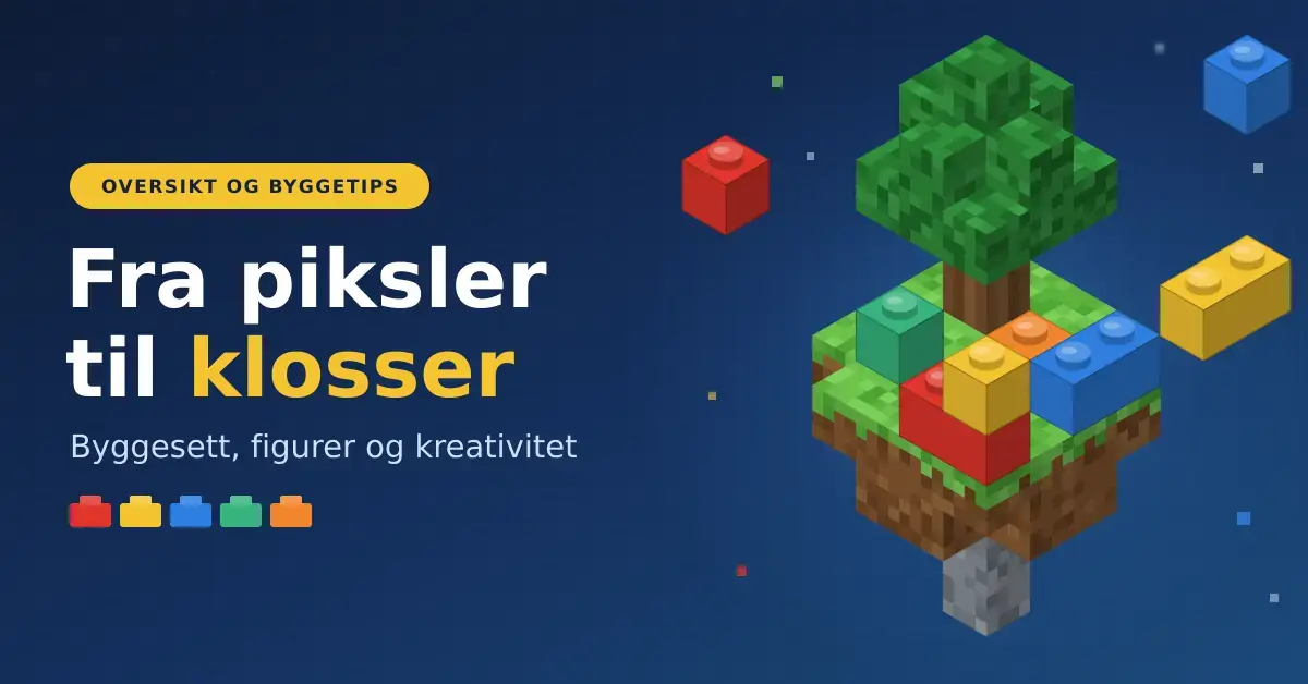Illustrasjon av en flytende pikseløy med et blokktre og fargerike byggeklosser med knotter, ved siden av teksten «Fra piksler til klosser – Byggesett, figurer og kreativitet» på mørkeblå bakgrunn.