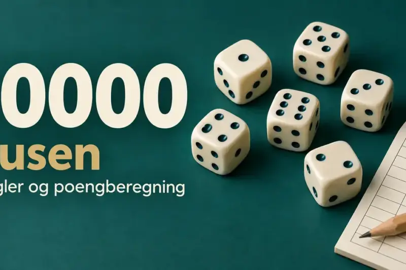 Seks terninger, et poengark og en blyant på grønn bakgrunn med teksten «10000 Tusen – Regler og poengberegning».