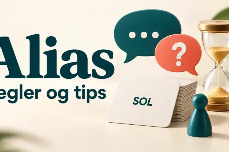 Illustrasjon med teksten «Alias – Regler og tips», ordkort, timeglass, spillebrikker og snakkebobler på lys bakgrunn.