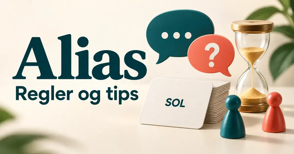 Illustrasjon med teksten «Alias – Regler og tips», ordkort, timeglass, spillebrikker og snakkebobler på lys bakgrunn.