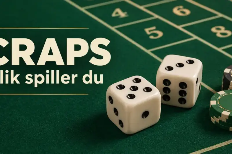 To terninger og stabler med sjetonger på et grønt crapsbord med teksten «Craps – Slik spiller du».