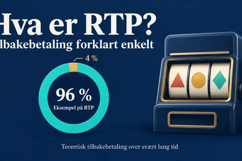 Illustrasjon av en spilleautomat og et sirkeldiagram med 96 prosent RTP som eksempel på teoretisk tilbakebetaling over svært lang tid.