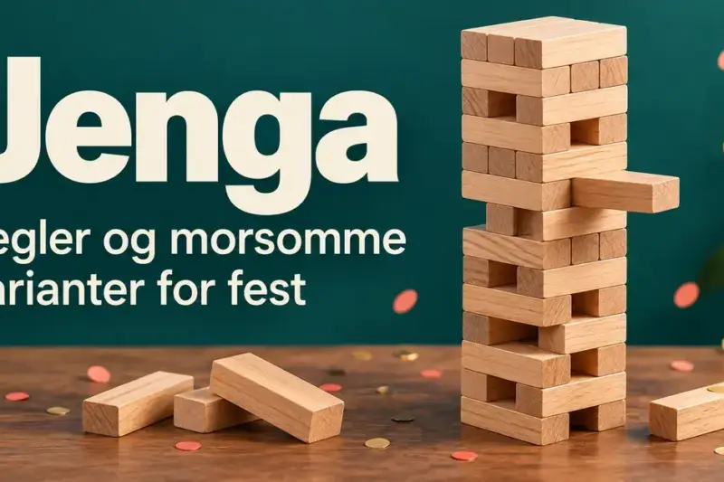 Et Jenga-tårn med en kloss trukket delvis ut står på et bord med løse treklosser og konfetti ved siden av teksten «Jenga – Regler og morsomme varianter for fest».