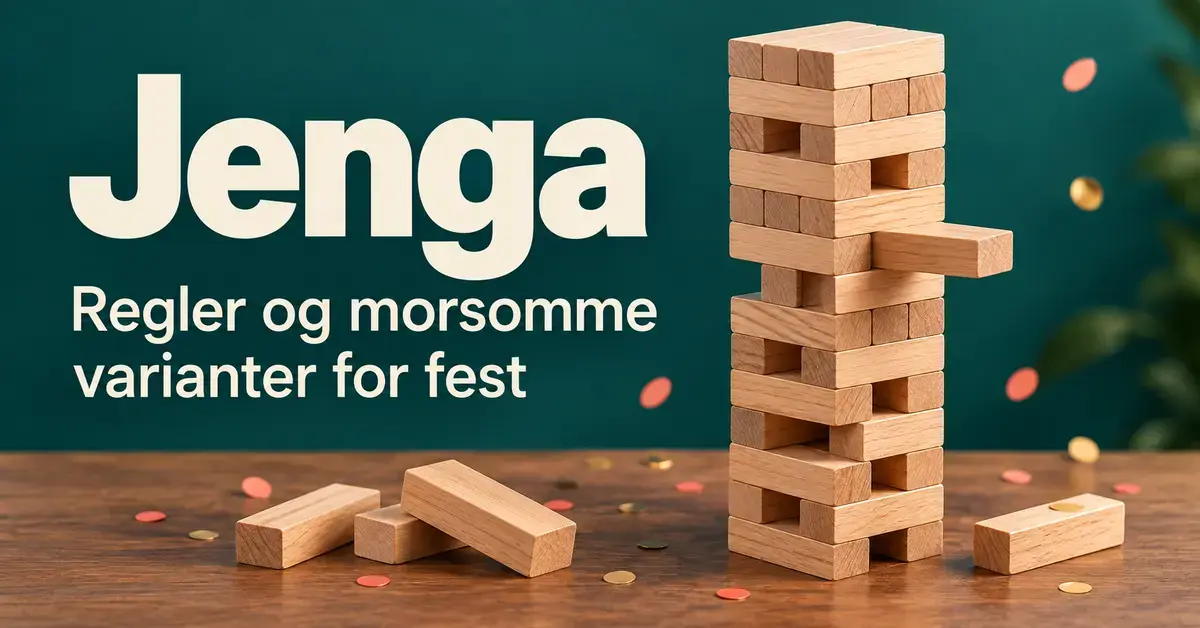 Et Jenga-tårn med en kloss trukket delvis ut står på et bord med løse treklosser og konfetti ved siden av teksten «Jenga – Regler og morsomme varianter for fest».
