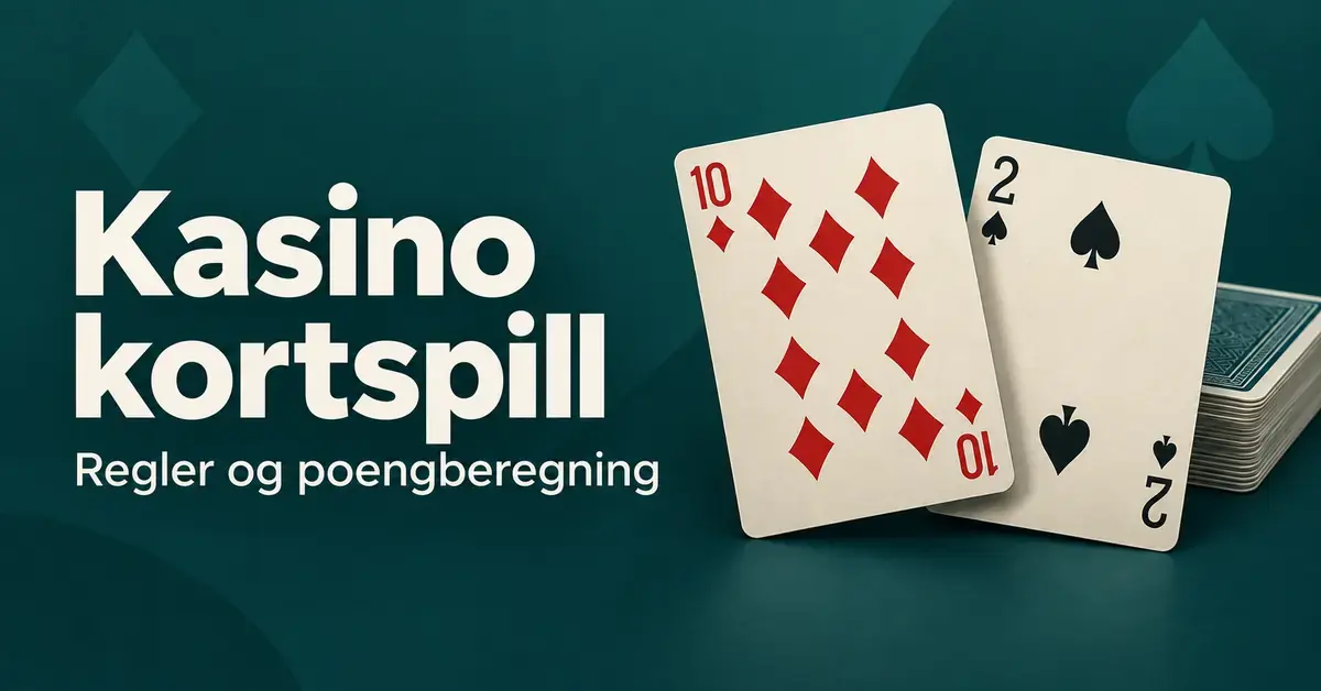 Ruter ti og spar to ved siden av en kortstokk på mørk turkis bakgrunn med teksten «Kasino kortspill – Regler og poengberegning».