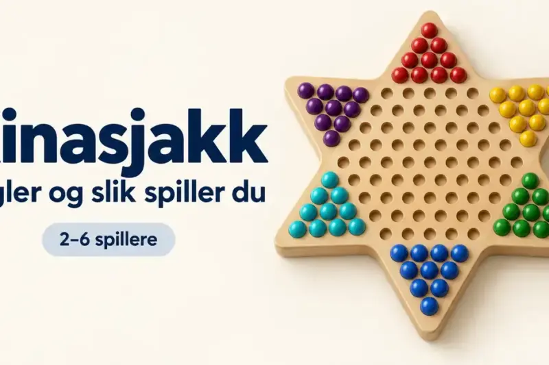 Stjerneformet kinasjakkbrett med kuler i seks farger og teksten «Kinasjakk – Regler og slik spiller du – 2–6 spillere».