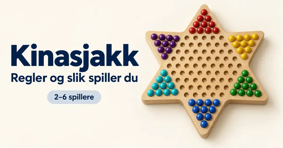 Stjerneformet kinasjakkbrett med kuler i seks farger og teksten «Kinasjakk – Regler og slik spiller du – 2–6 spillere».