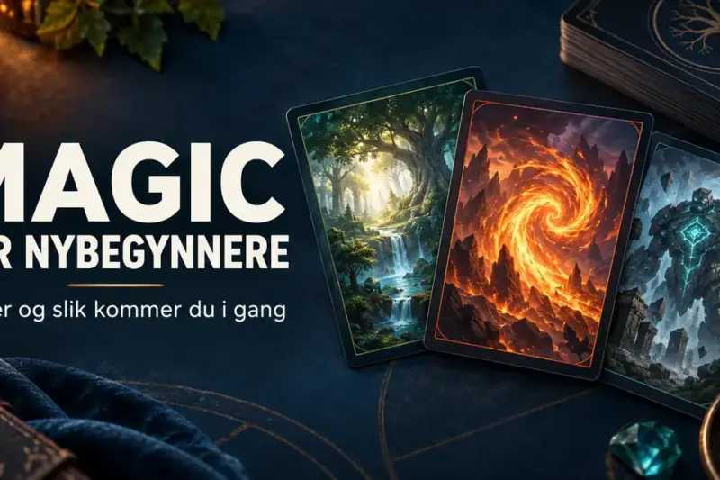 Illustrerte fantasykort med skog, ildmagi og en steinkjempe ved siden av teksten «Magic for nybegynnere – Regler og slik kommer du i gang».