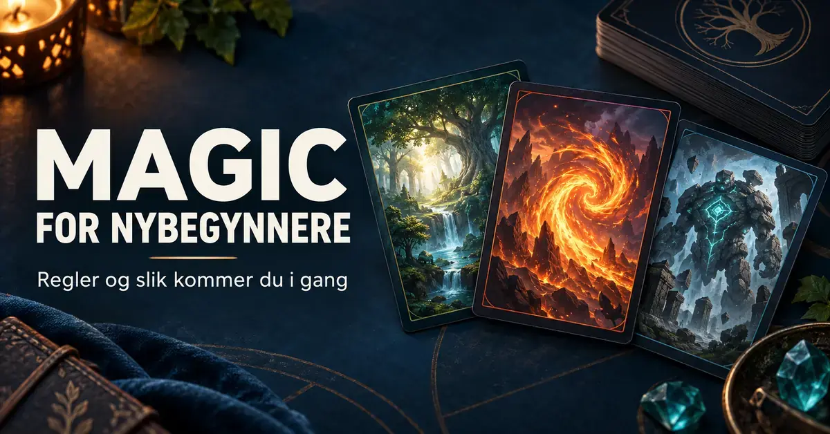 Illustrerte fantasykort med skog, ildmagi og en steinkjempe ved siden av teksten «Magic for nybegynnere – Regler og slik kommer du i gang».