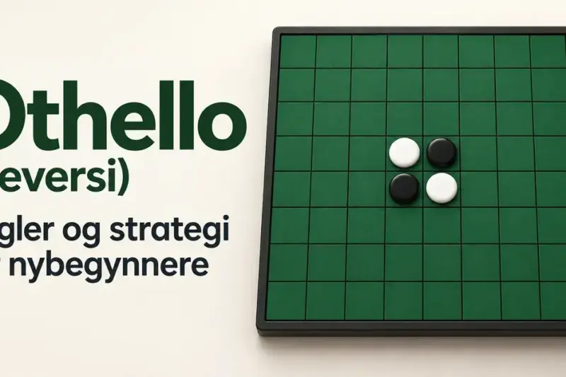 Grønt Othello-brett med svarte og hvite brikker i startposisjon ved siden av teksten «Othello (Reversi): Regler og strategi for nybegynnere».