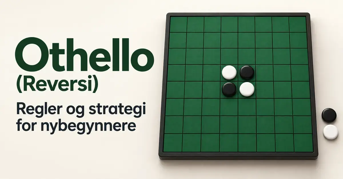 Grønt Othello-brett med svarte og hvite brikker i startposisjon ved siden av teksten «Othello (Reversi): Regler og strategi for nybegynnere».