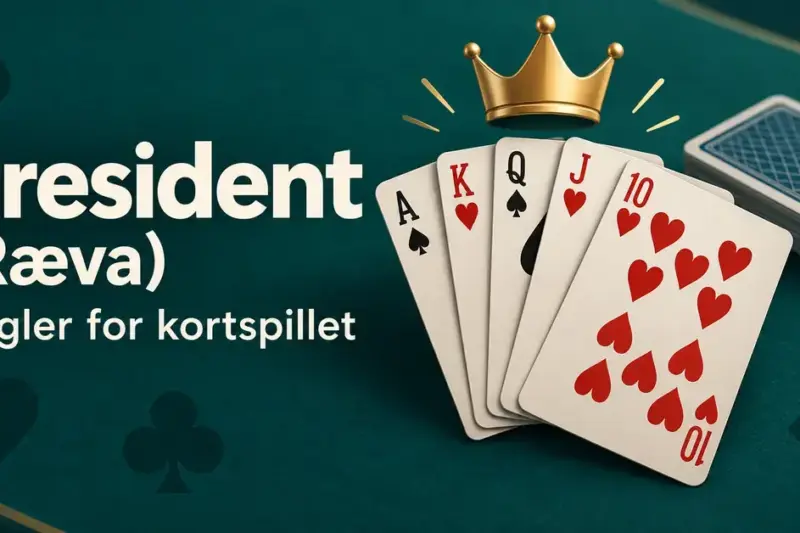 Spillkort og en gyllen krone på mørkegrønn bakgrunn med teksten «President (Ræva) – Regler for kortspillet».