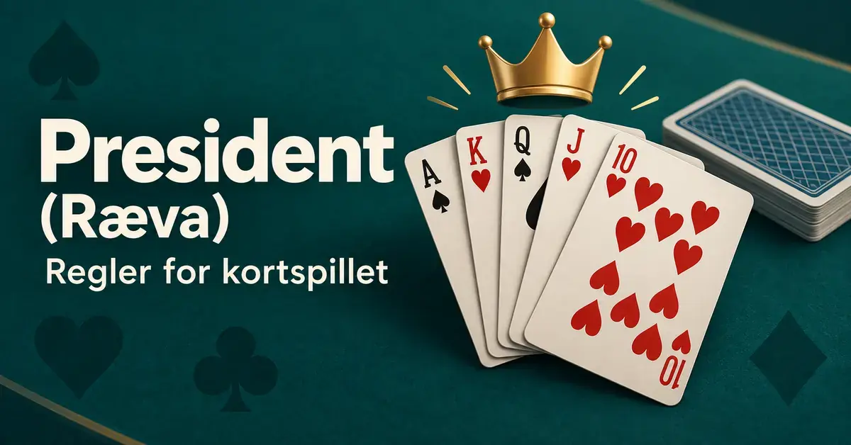 Spillkort og en gyllen krone på mørkegrønn bakgrunn med teksten «President (Ræva) – Regler for kortspillet».