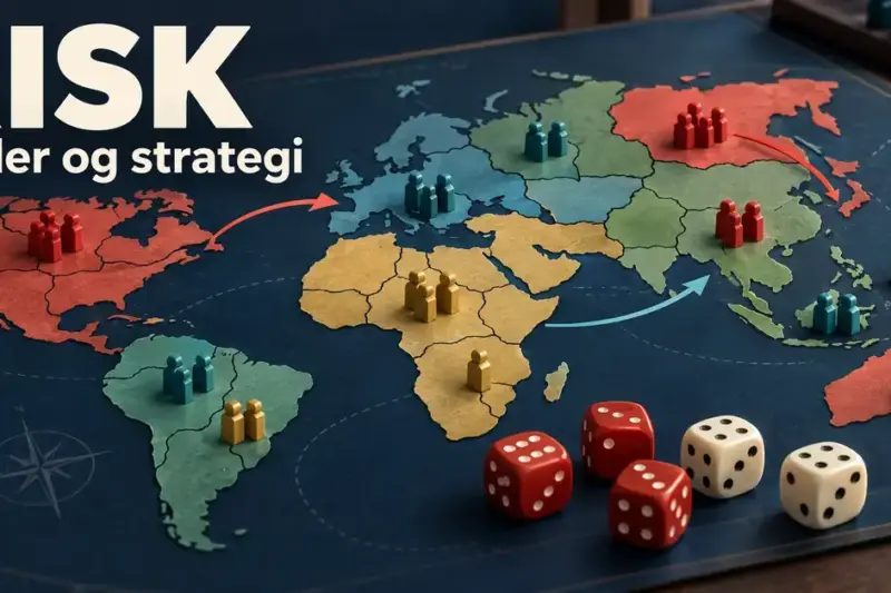 Illustrasjon av et verdenskart med fargede spillebrikker, terninger og strategiske piler, med teksten «Risk – Regler og strategi».