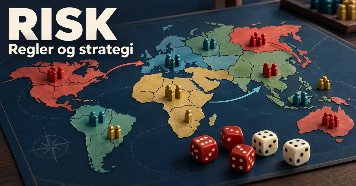 Illustrasjon av et verdenskart med fargede spillebrikker, terninger og strategiske piler, med teksten «Risk – Regler og strategi».