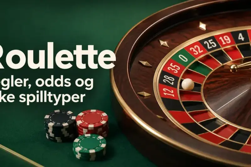 Roulettehjul med kule og sjetonger på grønn filt ved siden av teksten «Roulette – Regler, odds og ulike spilltyper».