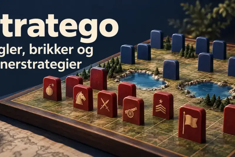 Illustrasjon av et Stratego-brett med røde og blå brikker, flagg og bombesymbol samt teksten «Stratego: Regler, brikker og vinnerstrategier».