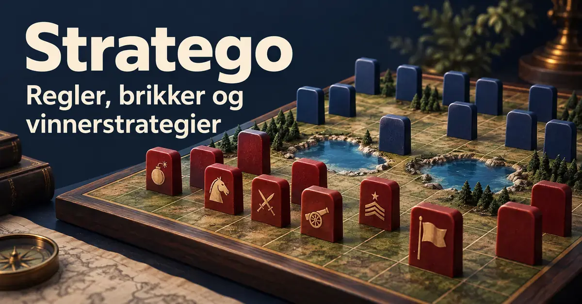 Illustrasjon av et Stratego-brett med røde og blå brikker, flagg og bombesymbol samt teksten «Stratego: Regler, brikker og vinnerstrategier».