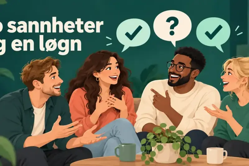 Illustrasjon av fire personer som leker «To sannheter og en løgn», med to hakemerker og et spørsmålstegn i snakkebobler over seg.