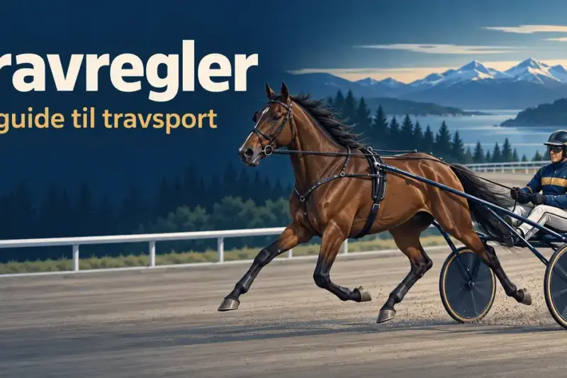 Illustrasjon av en travhest med sulky og kusk på en travbane foran et fjellandskap, med teksten «Travregler – En guide til travsport».
