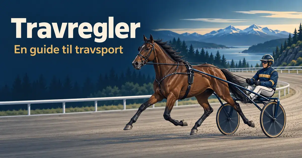 Illustrasjon av en travhest med sulky og kusk på en travbane foran et fjellandskap, med teksten «Travregler – En guide til travsport».