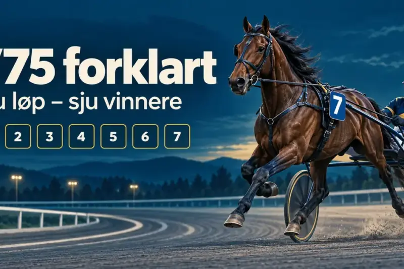 Illustrasjon av en travhest med sulky og kusk ved siden av teksten «V75 forklart – Sju løp – sju vinnere» og sju nummererte ruter.