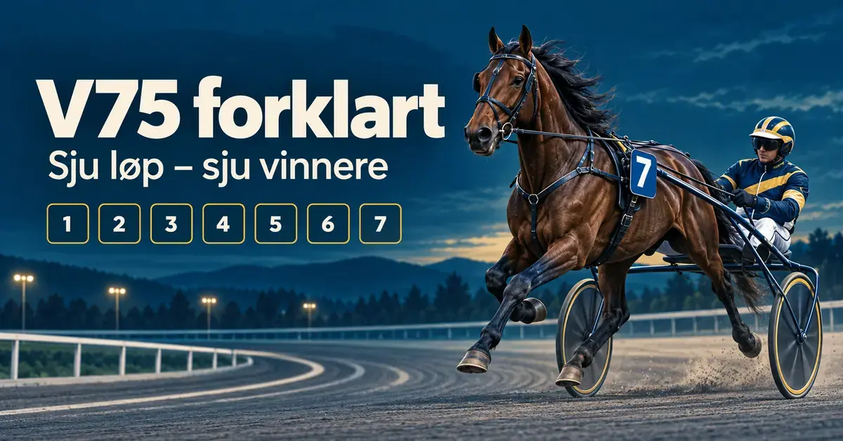 Illustrasjon av en travhest med sulky og kusk ved siden av teksten «V75 forklart – Sju løp – sju vinnere» og sju nummererte ruter.