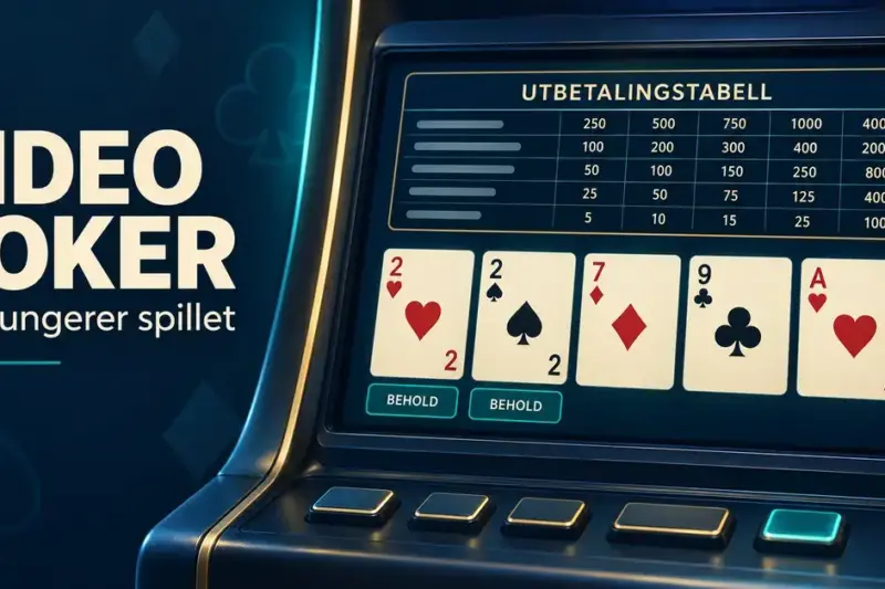 Illustrasjon av en videopokermaskin med fem spillekort, to beholdte kort og en utbetalingstabell på skjermen.