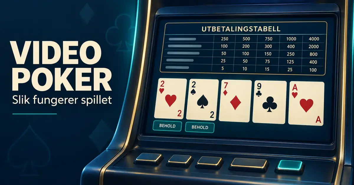 Illustrasjon av en videopokermaskin med fem spillekort, to beholdte kort og en utbetalingstabell på skjermen.