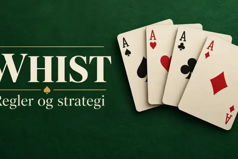 Fire ess i spar, hjerter, kløver og ruter på grønn filt ved siden av teksten «Whist – Regler og strategi».