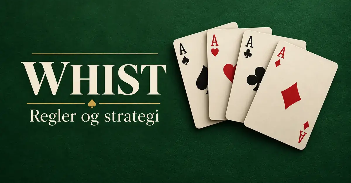 Fire ess i spar, hjerter, kløver og ruter på grønn filt ved siden av teksten «Whist – Regler og strategi».