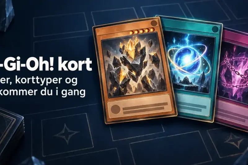 Tre illustrerte fantasikort i oransje, turkis og lilla på en mørk spillematte ved siden av teksten «Yu-Gi-Oh! kort – Regler, korttyper og slik kommer du i gang».